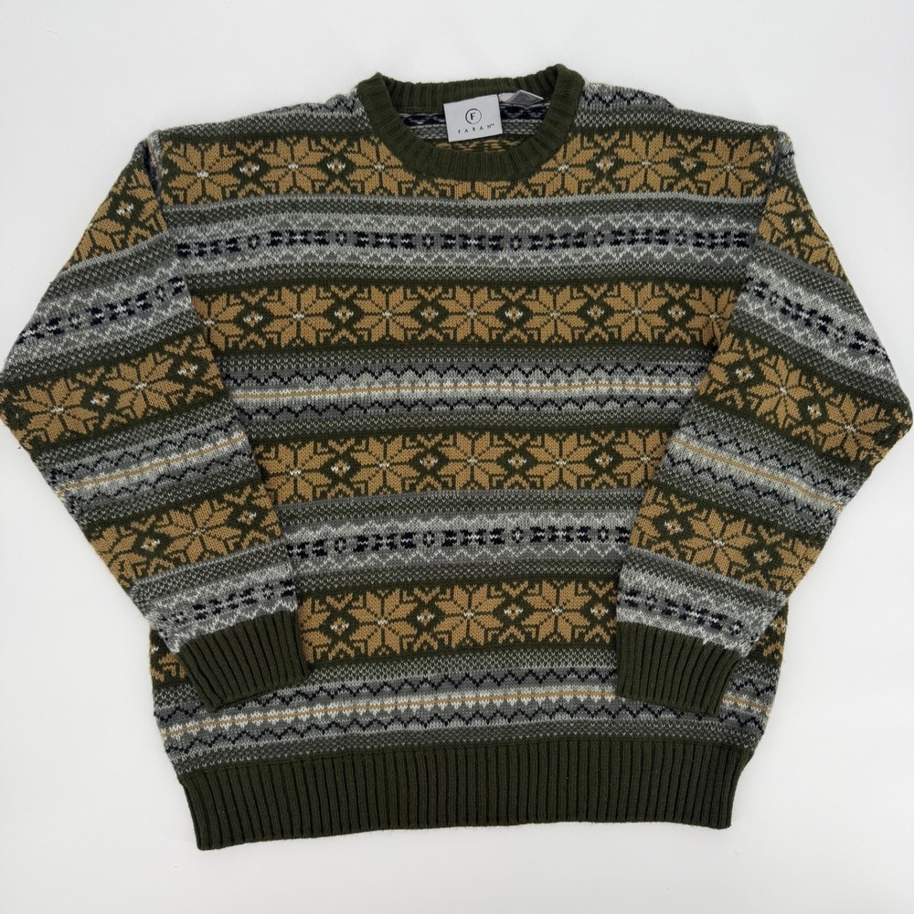 Vintage Farah Fair Isle Knit Sweater Olive Green Geometric Snowflake Mens L